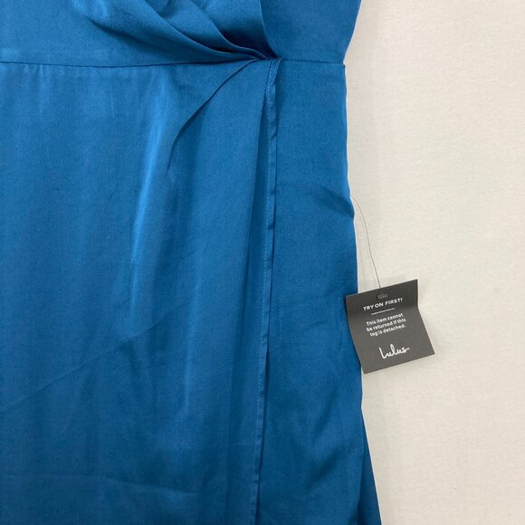 New Lulus Large Destiny Awaits Navy Blue Satin Faux-Wrap Maxi Dress Bridemaid - Picture 6 of 13